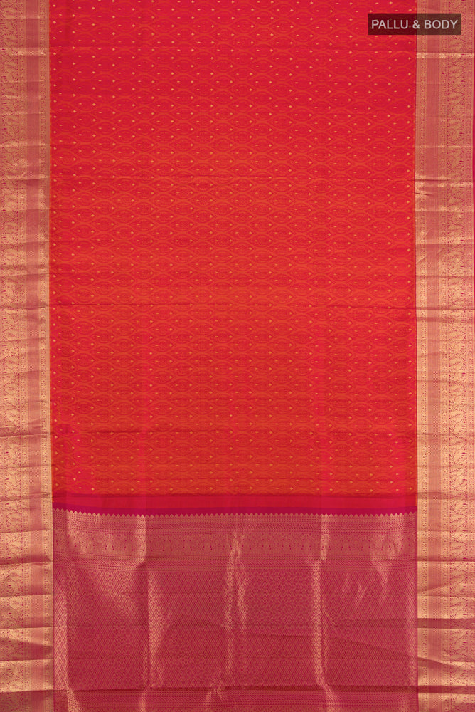 Flat view of Dark Pink Soft Silk Saree with Zari Butta on the body and Silk Border. 