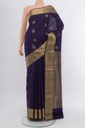 Navy Blue Soft Silk Saree with Zari Butta on the body and Silk Border.  displayed on a mannequin