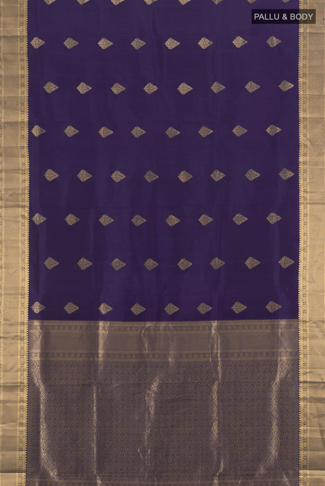 Flat view of Navy Blue Soft Silk Saree with Zari Butta on the body and Silk Border. 