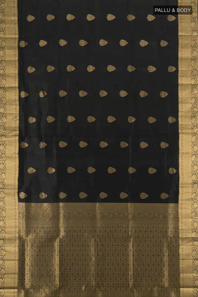 Flat view of Black Soft Silk Saree with Zari Butta on the body and Silk Border. 