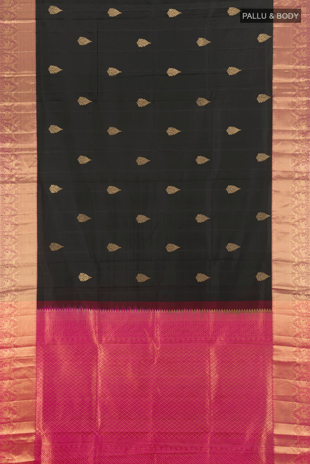 Flat view of Black Soft Silk Saree with Zari Butta on the body and Zari Border. 