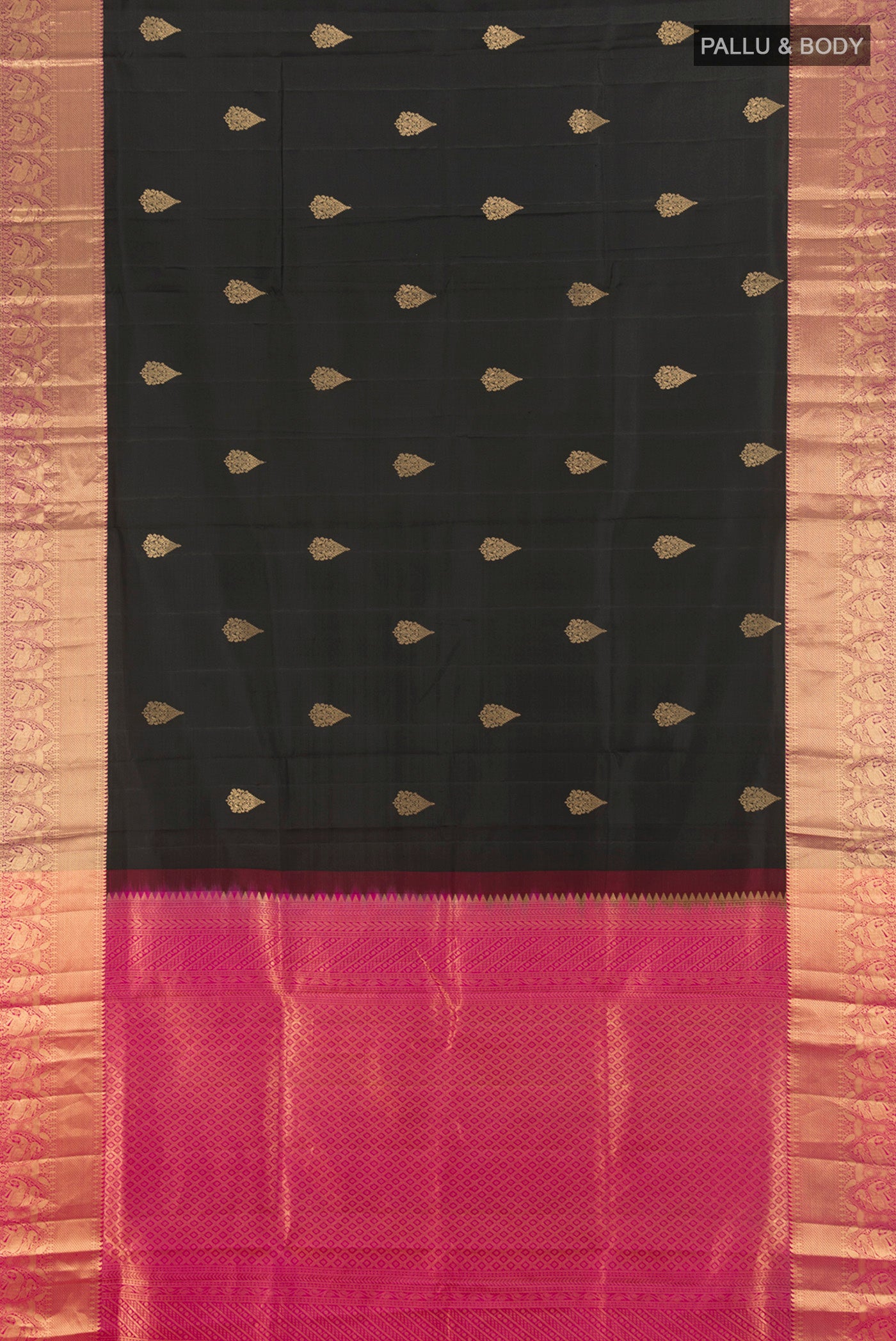 Flat view of Black Soft Silk Saree with Zari Butta on the body and Zari Border. 