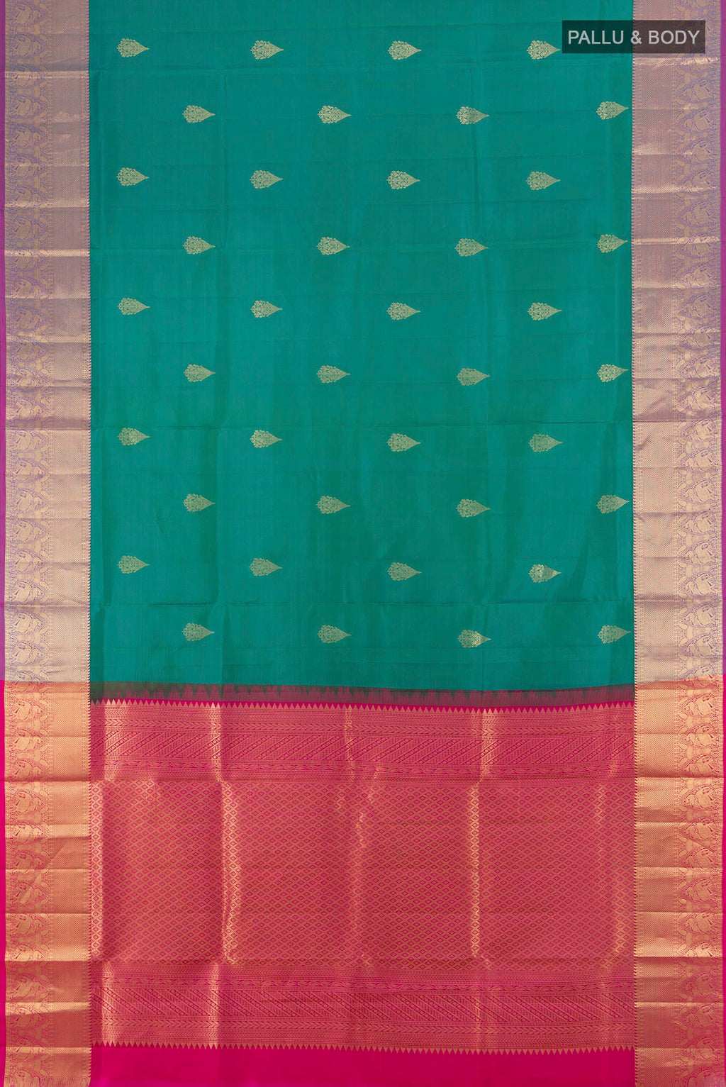 Flat view of Light Blue Kanchipuram Silk Saree with Zari Butta on the body and Zari Border. 