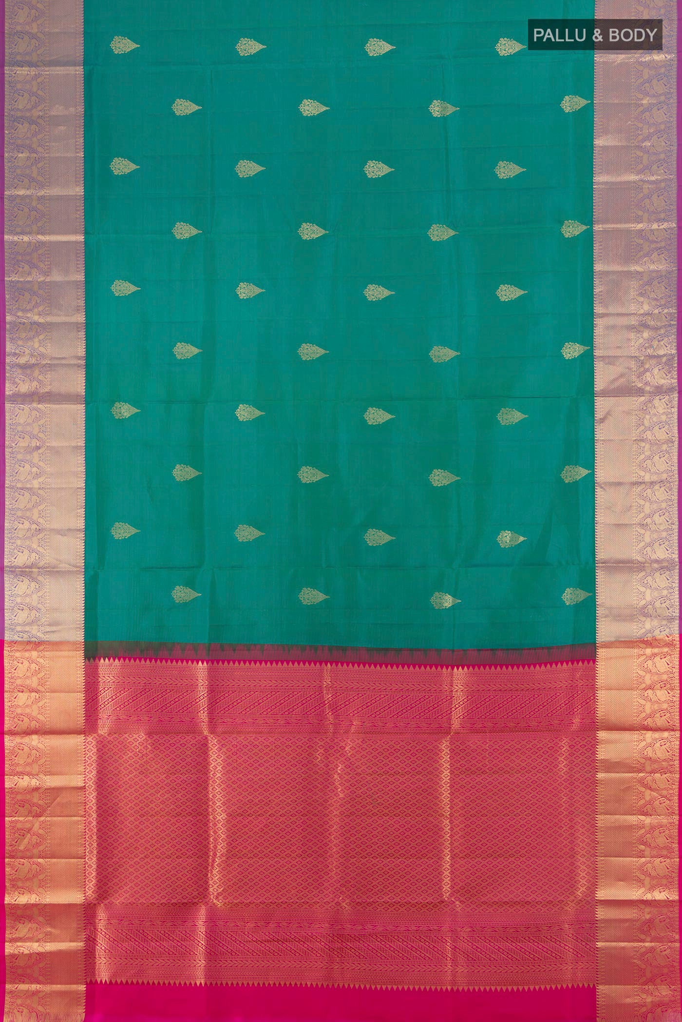 Flat view of Light Blue Kanchipuram Silk Saree with Zari Butta on the body and Zari Border. 