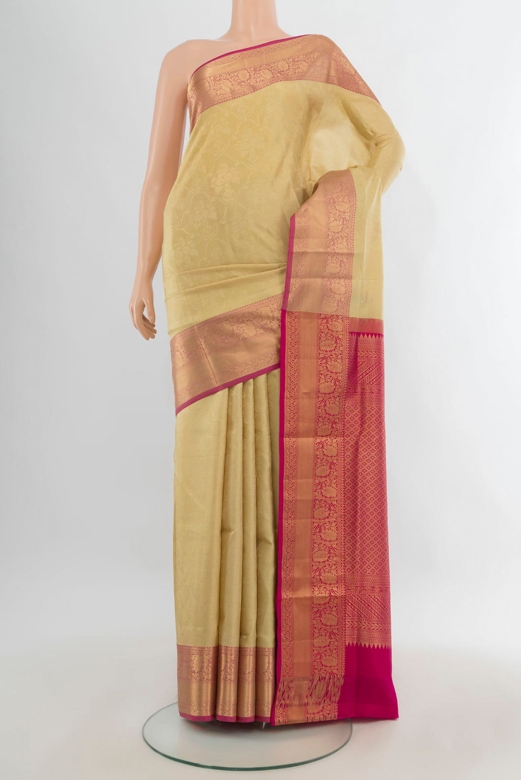 Pure Silk Sandal Soft Saree with Jacquard design on the body and Zari Border.  displayed on a mannequin