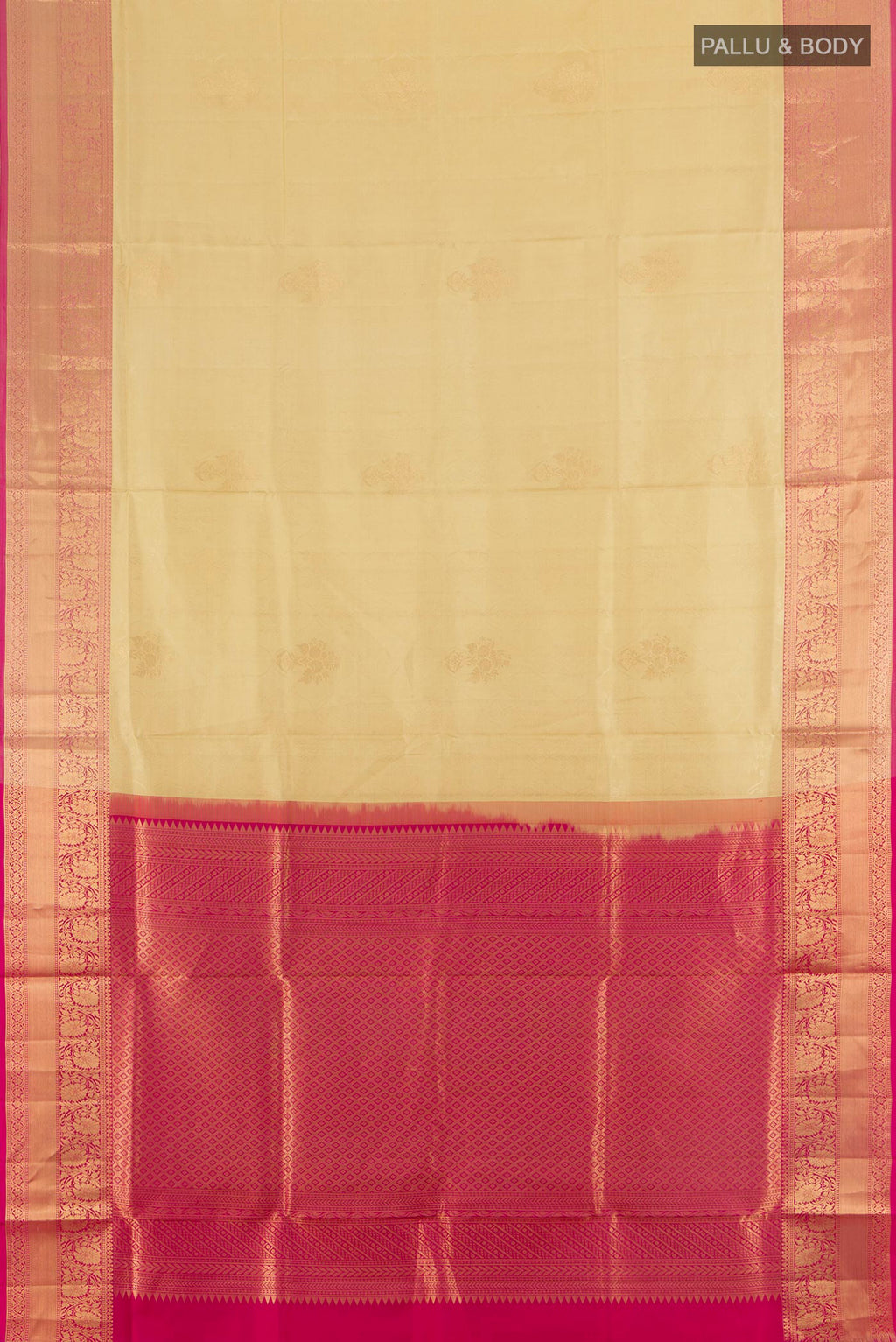 Flat view of Pure Silk Sandal Soft Saree with Jacquard design on the body and Zari Border. 