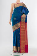 Dark Blue Soft Silk Saree with Zari Butta on the body and Silk Border.  displayed on a mannequin