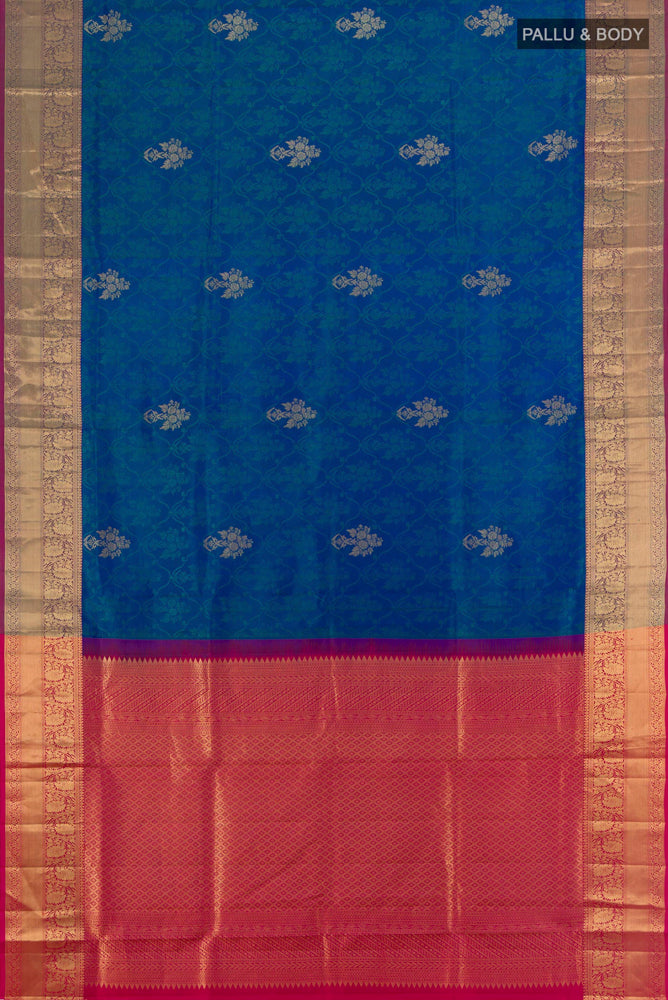 Flat view of Dark Blue Soft Silk Saree with Zari Butta on the body and Silk Border. 