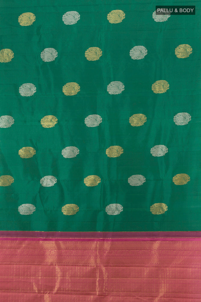 Flat view of Peacock Blue Kanchipuram Silk Saree with Zari Brocade on the body and Silk Border. 