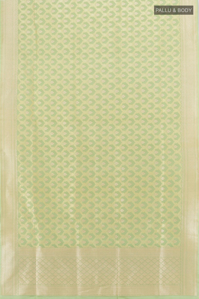 Flat view of Pista Green Banarasi Silk Saree with Zari Butta on the body and Silk Border. 