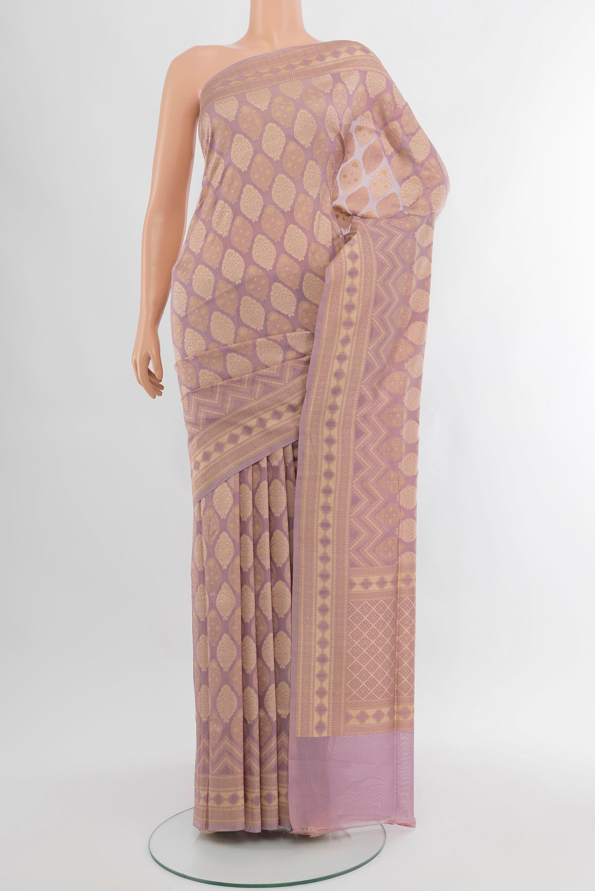 Pure Silk Pure Zari Multi Color Banarasi Saree with Zari Butta on the body and Silk Border.  displayed on a mannequin