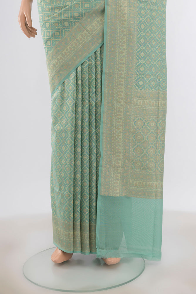 Pleats and pallu of Sky Blue Banarasi Silk Saree with Zari Butta on the body and Silk Border. 