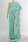 Pure Silk Light Blue Banarasi Saree with Stripes on the body and Zari Border.  displayed on a mannequin