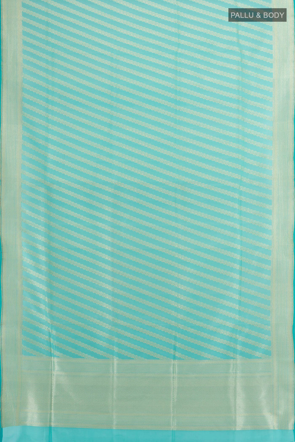 Flat view of Pure Silk Light Blue Banarasi Saree with Stripes on the body and Zari Border. 