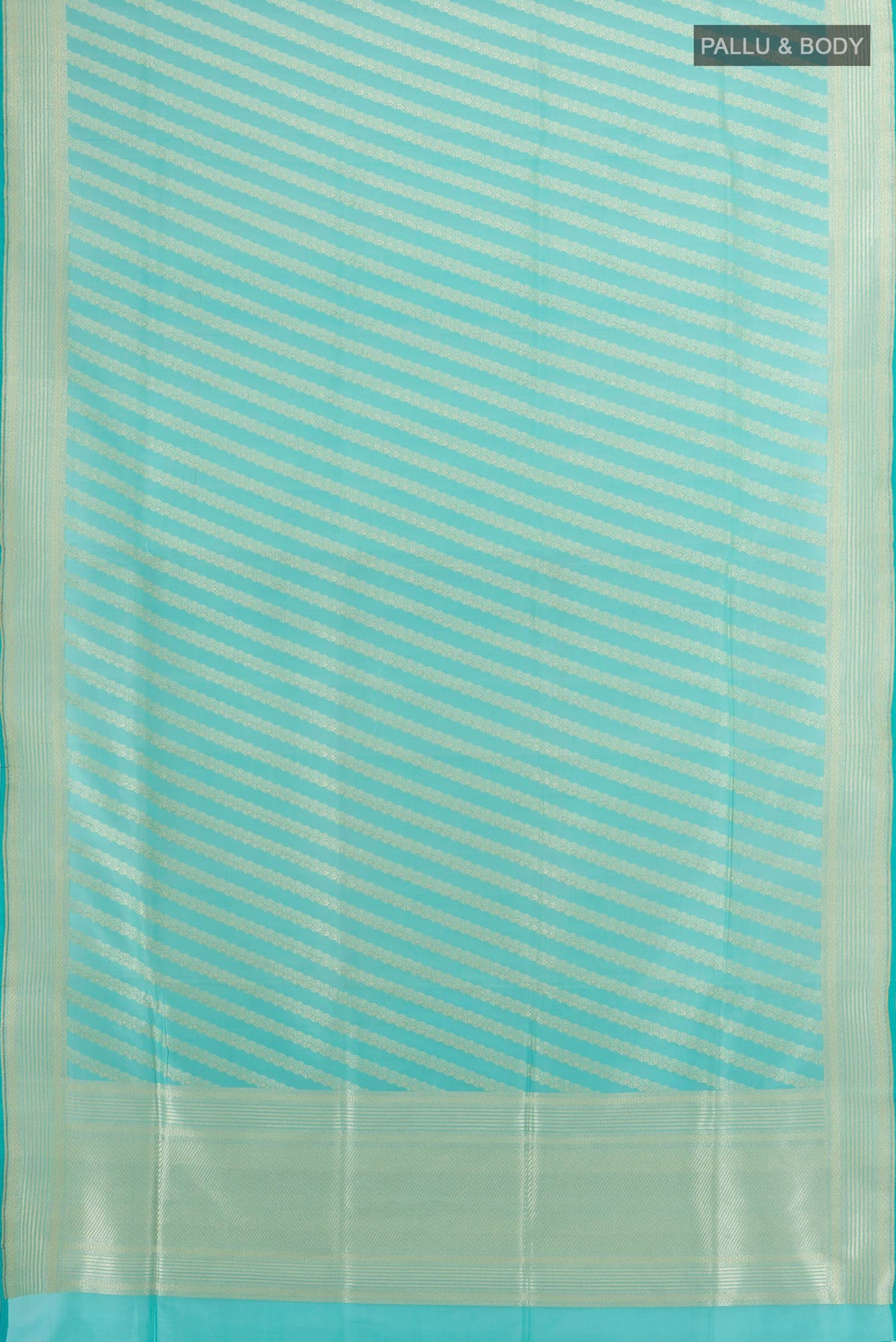 Flat view of Pure Silk Light Blue Banarasi Saree with Stripes on the body and Zari Border. 