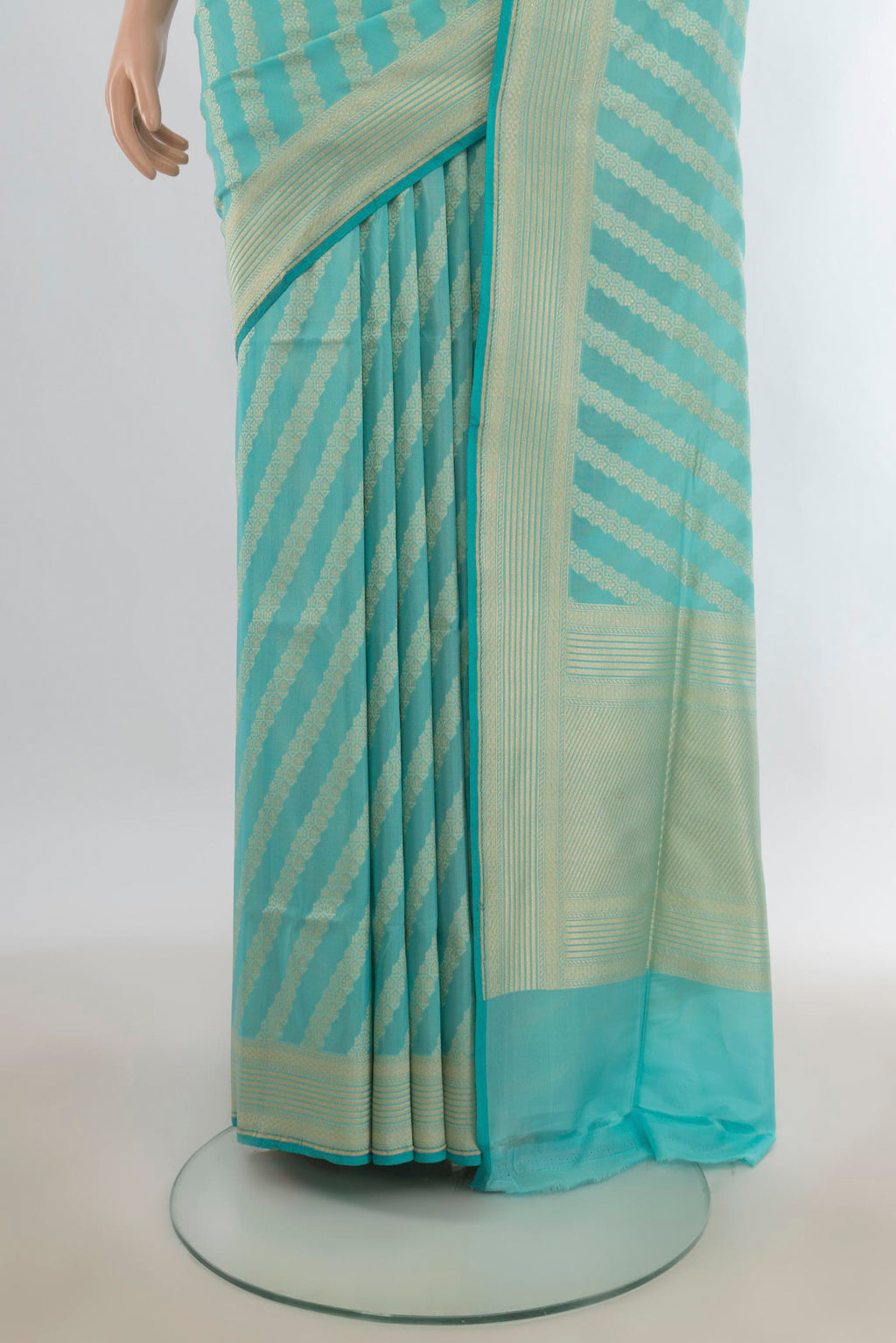 Pleats and pallu of Pure Silk Light Blue Banarasi Saree with Stripes on the body and Zari Border. 