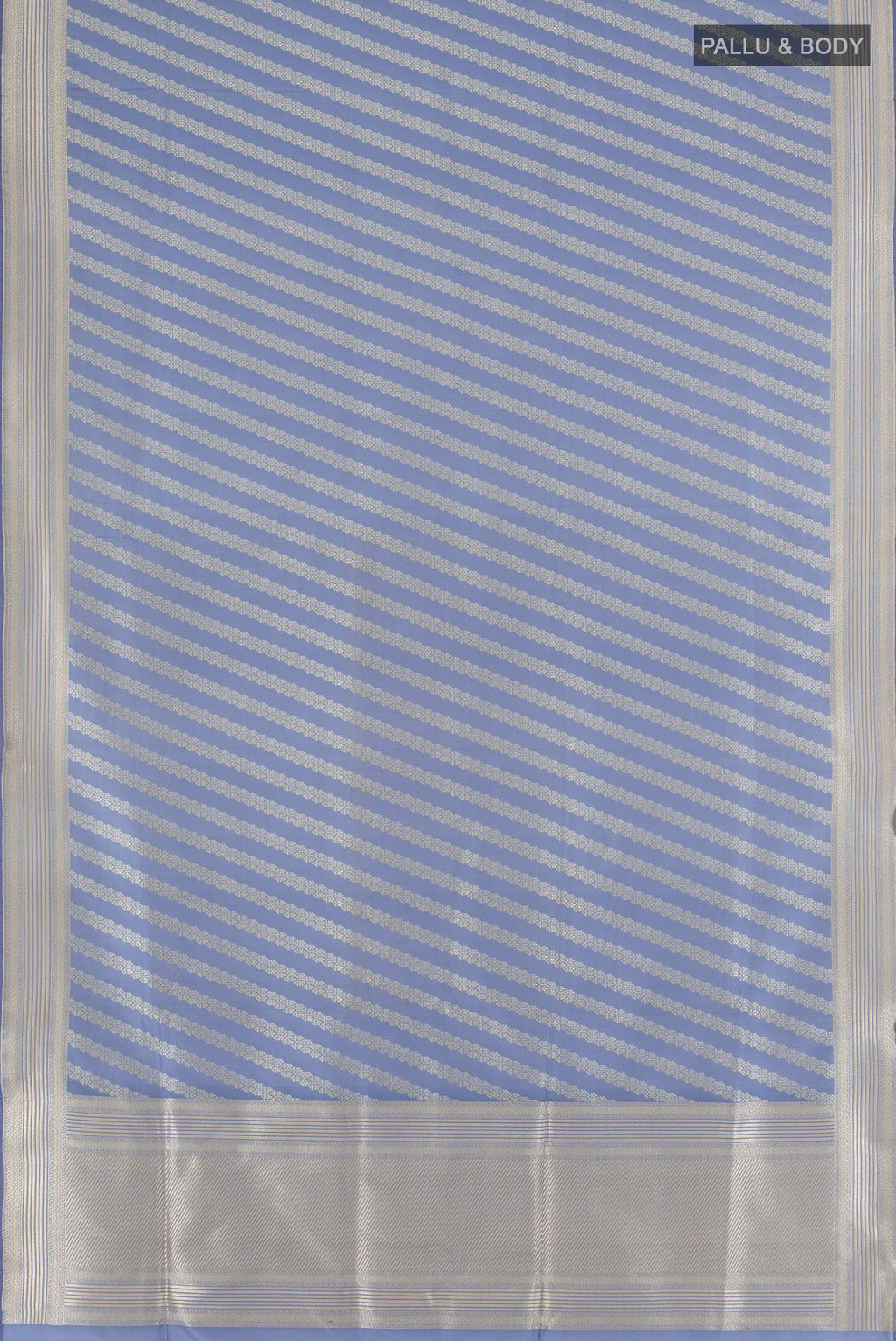 Flat view of Pure Silk Light Blue Banarasi Saree with Zari Butta on the body and Zari Border. 