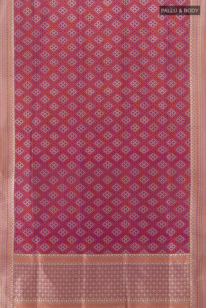 Flat view of Multi Color Banarasi Silk Saree with Zari Butta on the body and Silk Border. 