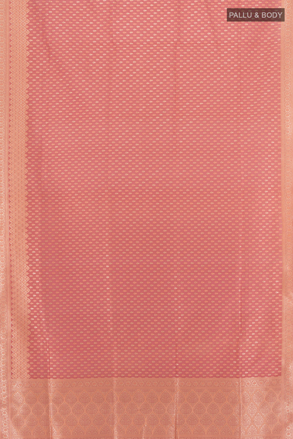 Flat view of Rose pink Banarasi Silk Saree with Zari Butta on the body and Zari Border. 