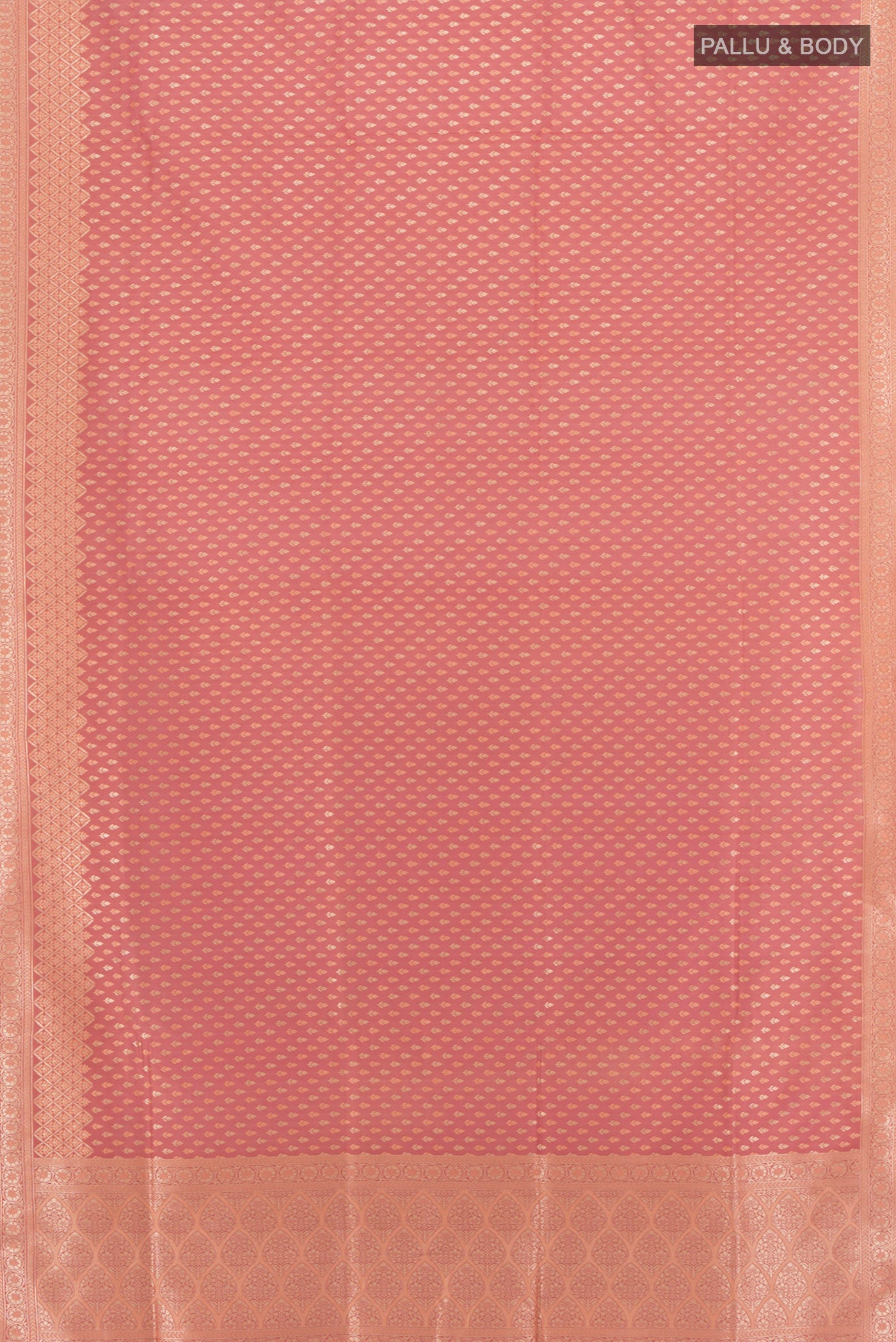 Flat view of Rose pink Banarasi Silk Saree with Zari Butta on the body and Zari Border. 
