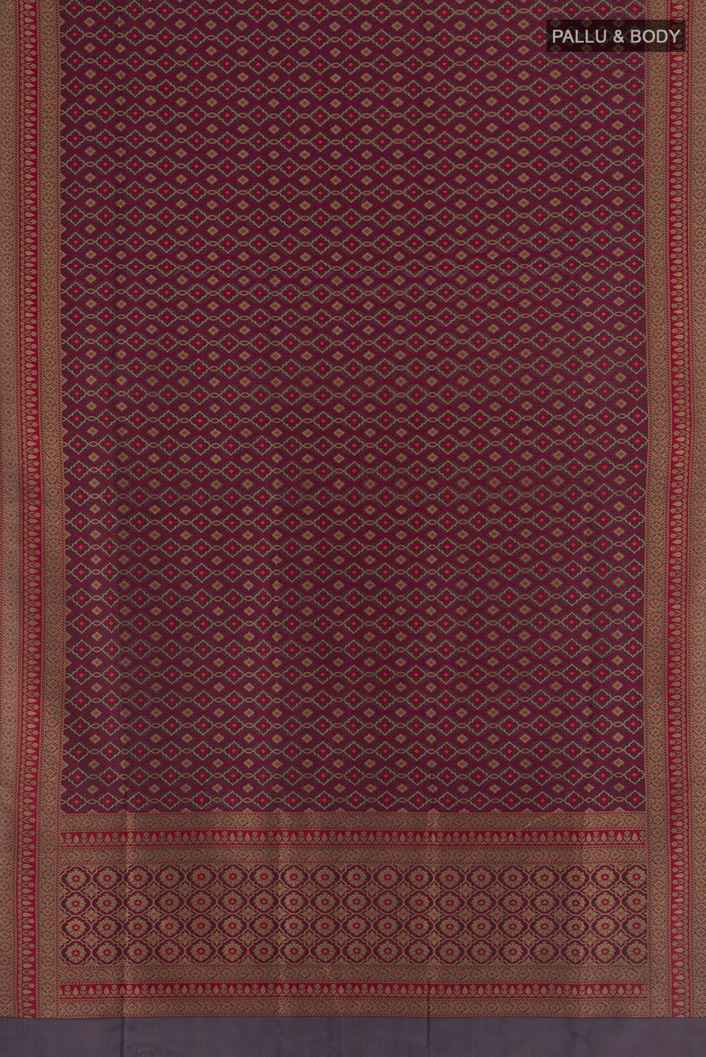 Flat view of Brown Banarasi Silk Saree with Zari And Thread Butta on the body and Zari Border. 