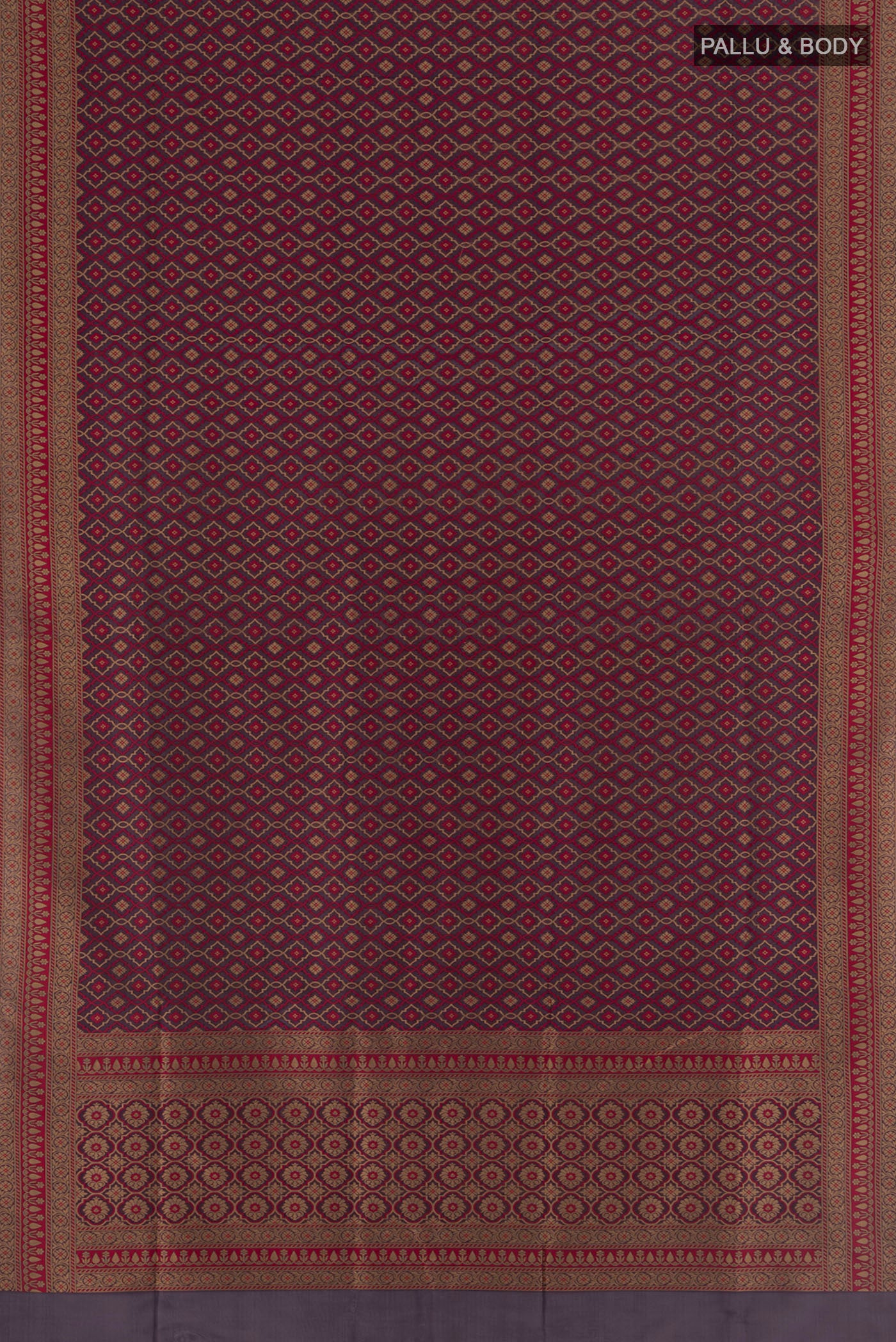 Flat view of Brown Banarasi Silk Saree with Zari And Thread Butta on the body and Zari Border. 
