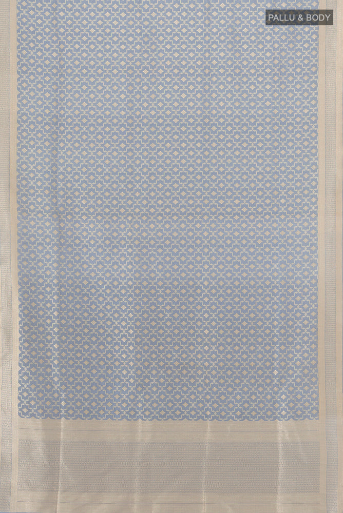 Flat view of Davys Grey Banarasi Silk Saree with Zari Butta on the body and Silk Border. 