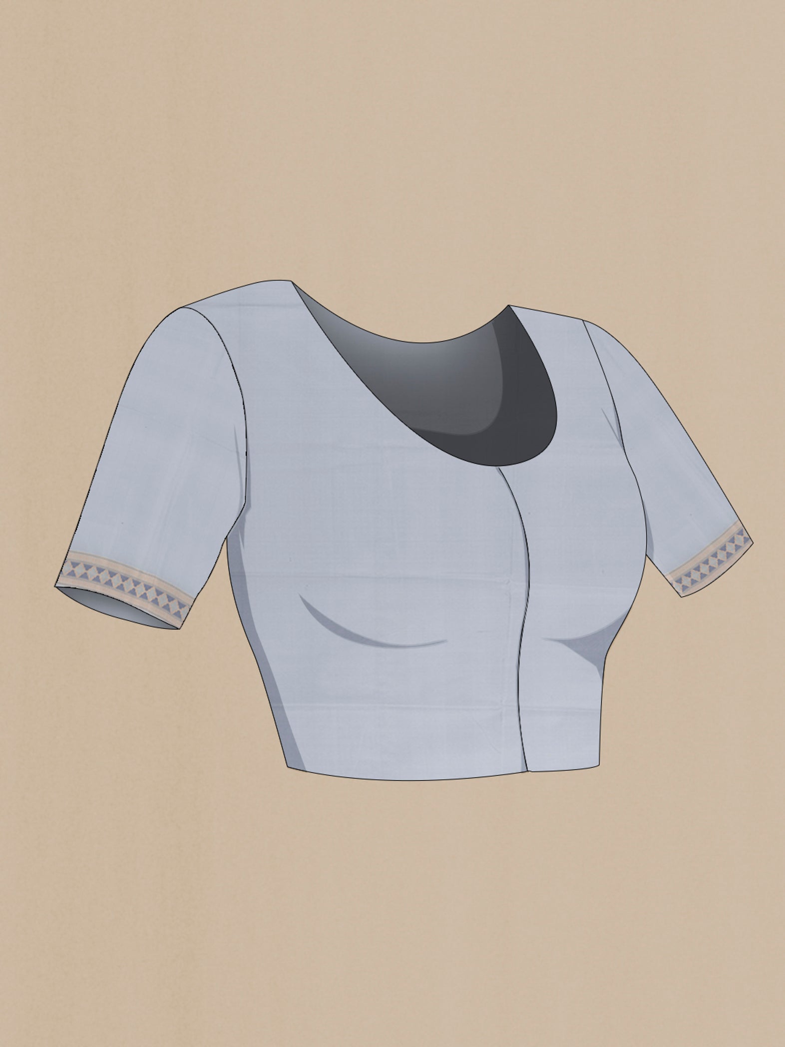 Close up image of the blouse of Grey Banarasi Silk Saree with Thread Butta on the body and Thread Border. 