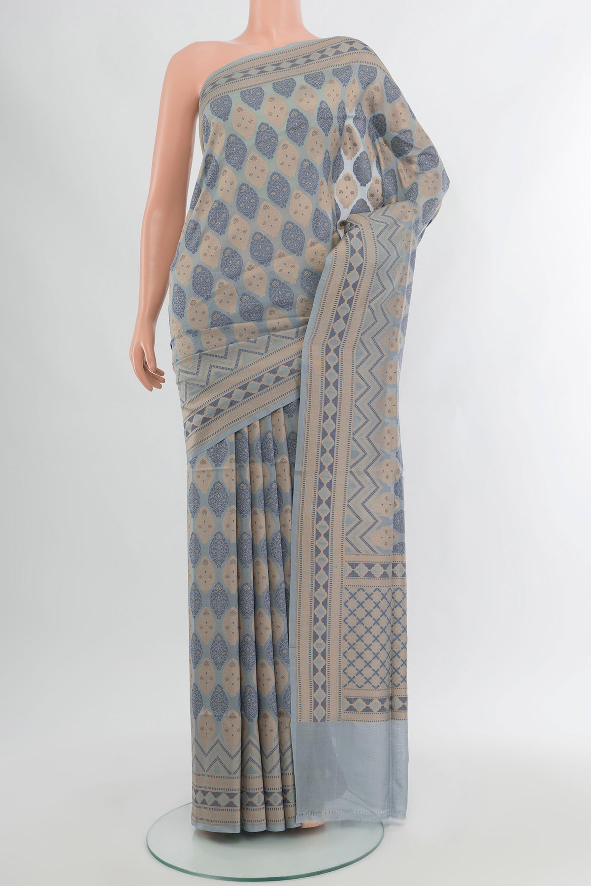 Grey Banarasi Silk Saree with Thread Butta on the body and Thread Border.  displayed on a mannequin
