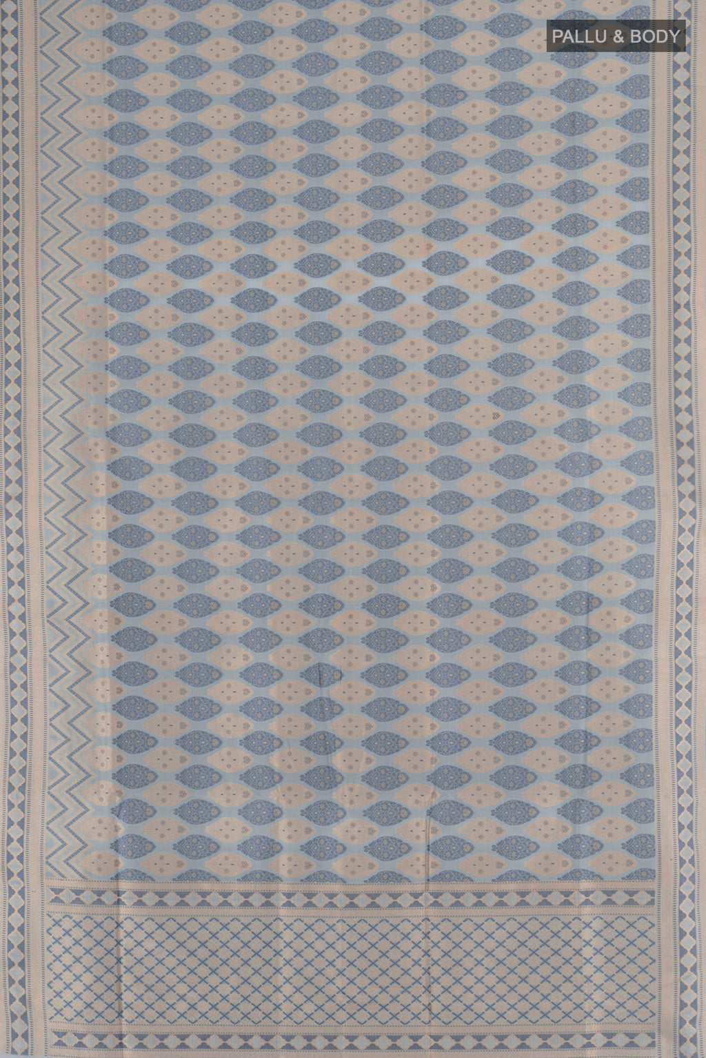 Flat view of Grey Banarasi Silk Saree with Thread Butta on the body and Thread Border. 