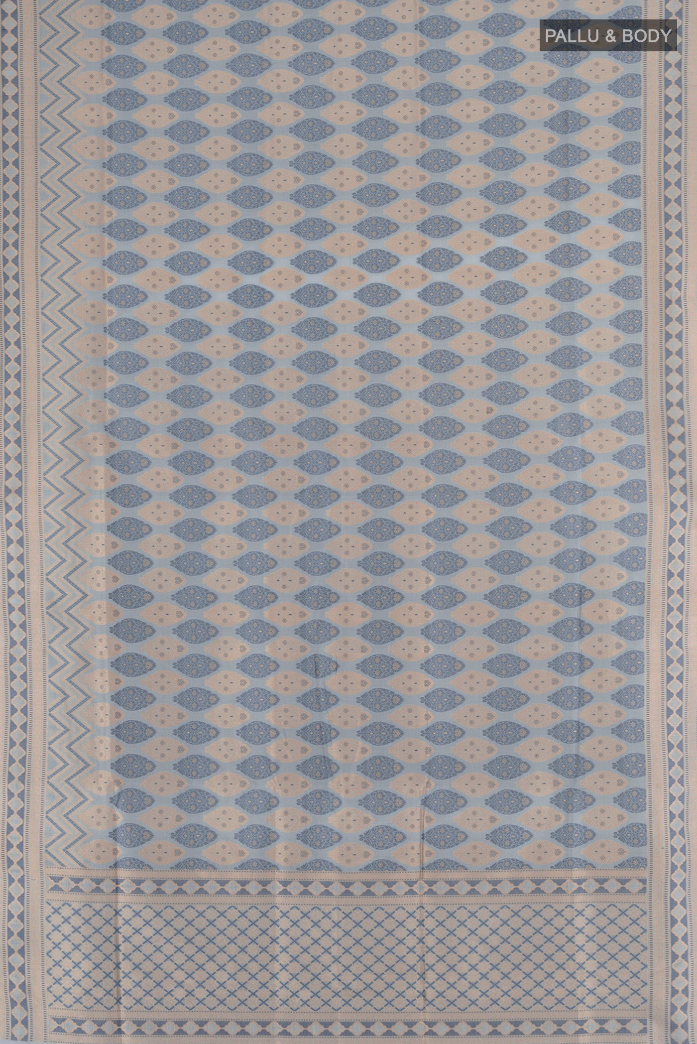 Flat view of Grey Banarasi Silk Saree with Thread Butta on the body and Thread Border. 