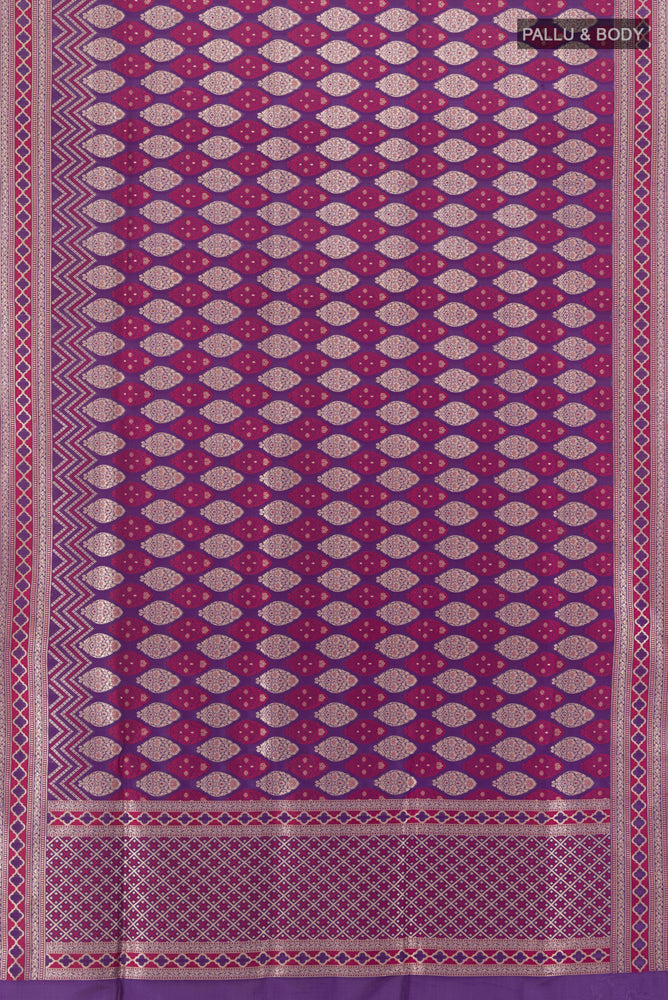 Flat view of Multi Color Banarasi Silk Saree with Zari Butta on the body and Silk Border. 