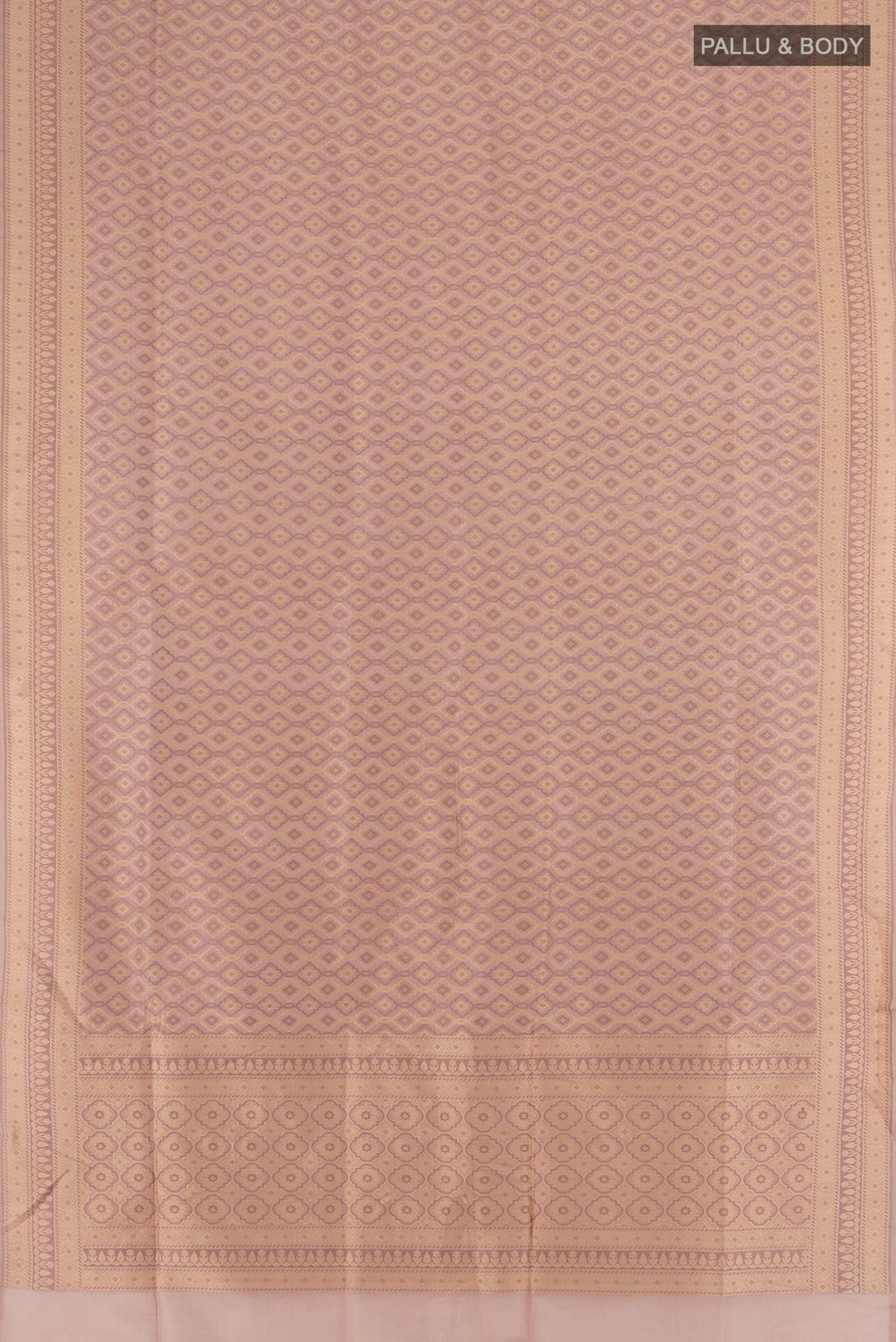 Flat view of Pure Silk Brown Banarasi Saree with Thread Butta on the body and Zari Border. 