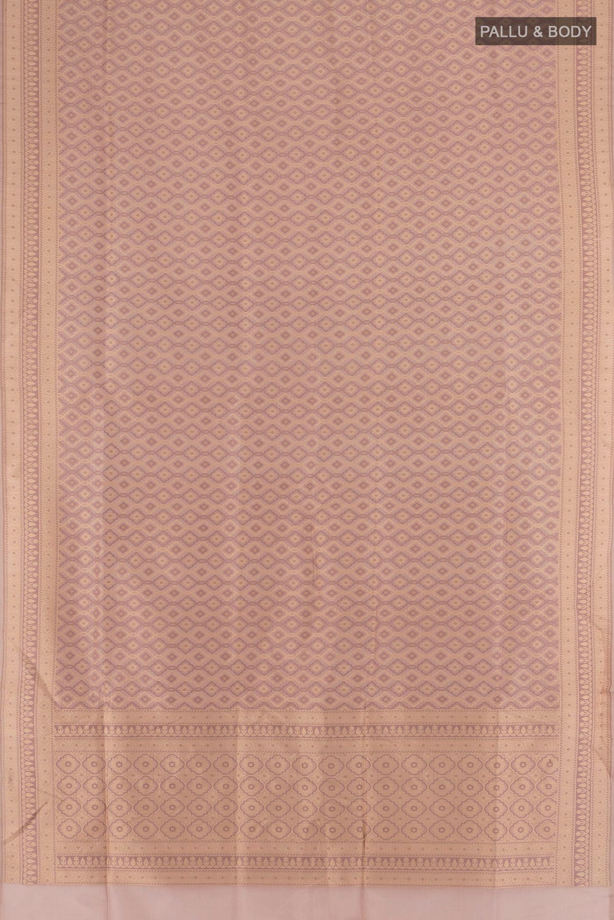 Flat view of Pure Silk Brown Banarasi Saree with Thread Butta on the body and Zari Border. 