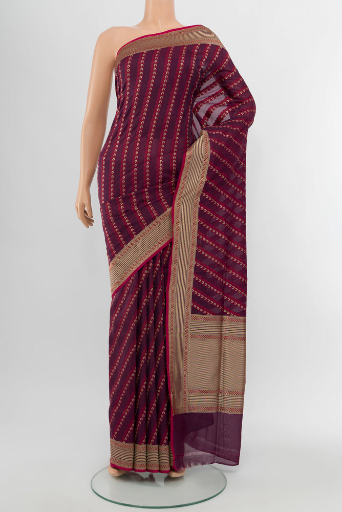 Multi Color Banarasi Silk Saree with Zari Brocade on the body and Silk Border.  displayed on a mannequin