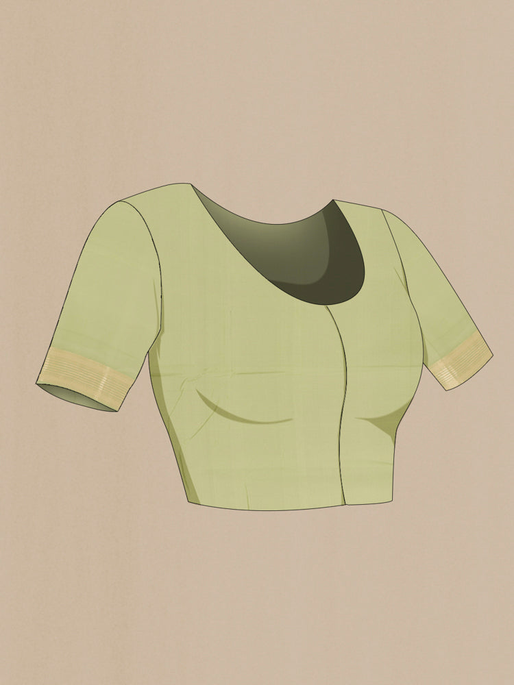 Close up image of the blouse of Pista Green Banarasi Silk Saree with Zari Butta on the body and Silk Border. 