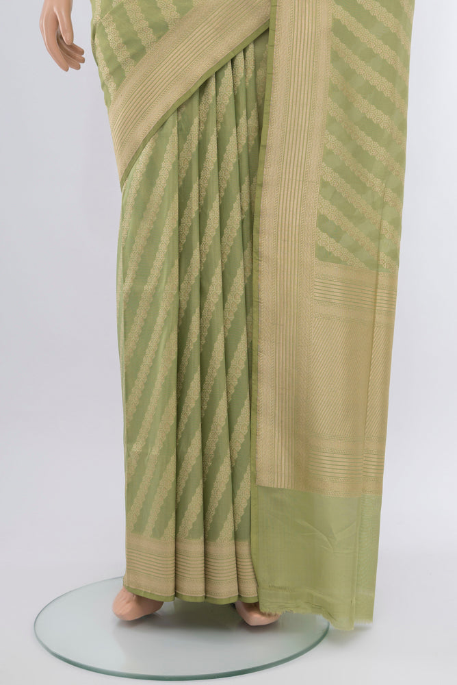 Pleats and pallu of Pista Green Banarasi Silk Saree with Zari Butta on the body and Silk Border. 