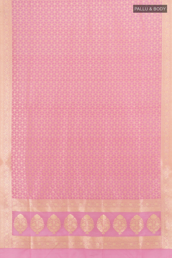 Flat view of Rose Gold Banarasi Silk Saree with Zari Butta on the body and Silk Border. 
