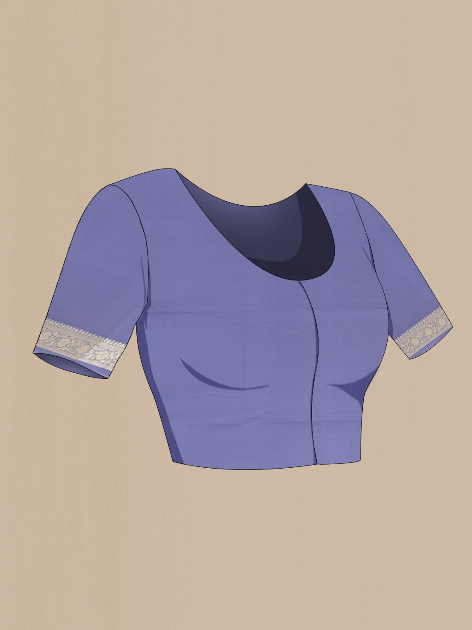 Close up image of the blouse of Lilac Banarasi Silk Saree with Zari Butta on the body and Zari Border. 