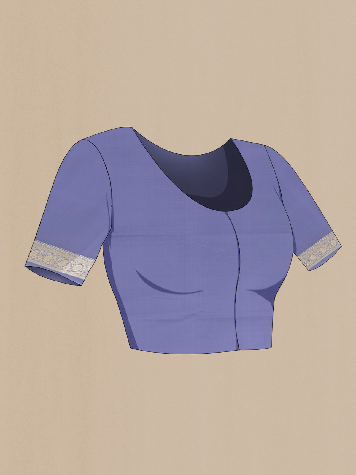 Close up image of the blouse of Lilac Banarasi Silk Saree with Zari Butta on the body and Zari Border. 
