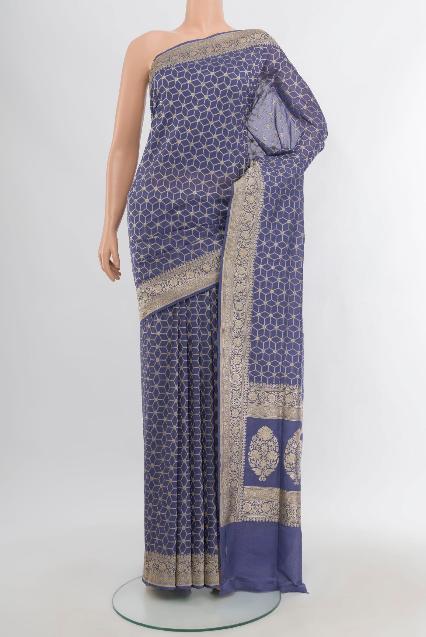 Lilac Banarasi Silk Saree with Zari Butta on the body and Zari Border.  displayed on a mannequin