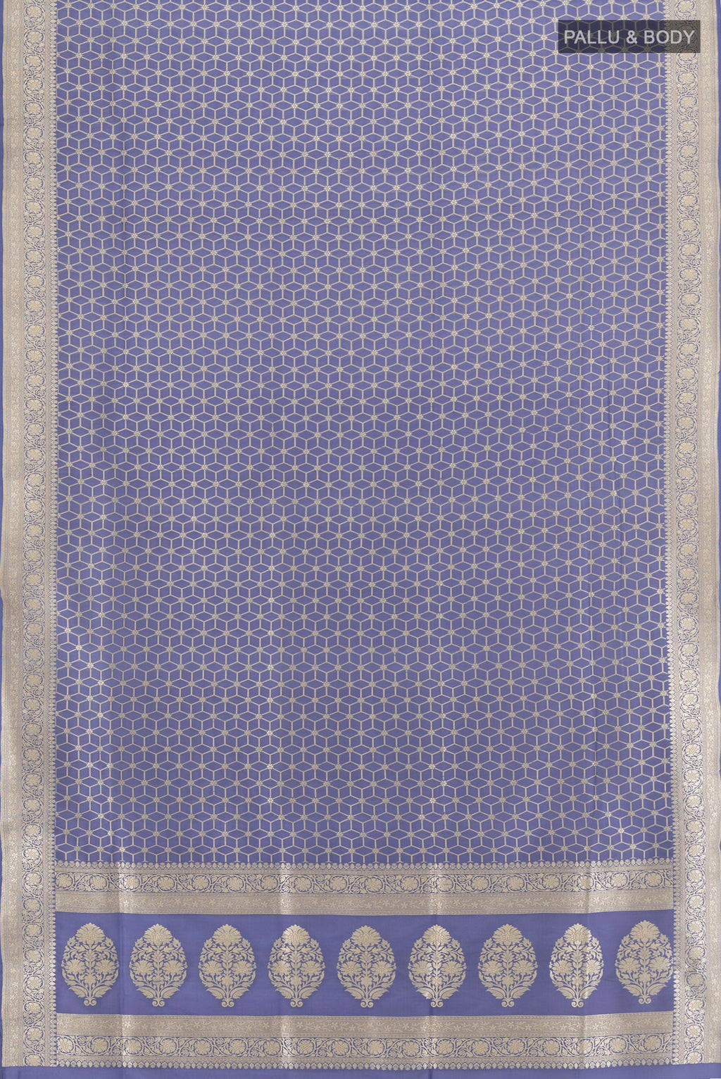 Flat view of Lilac Banarasi Silk Saree with Zari Butta on the body and Zari Border. 