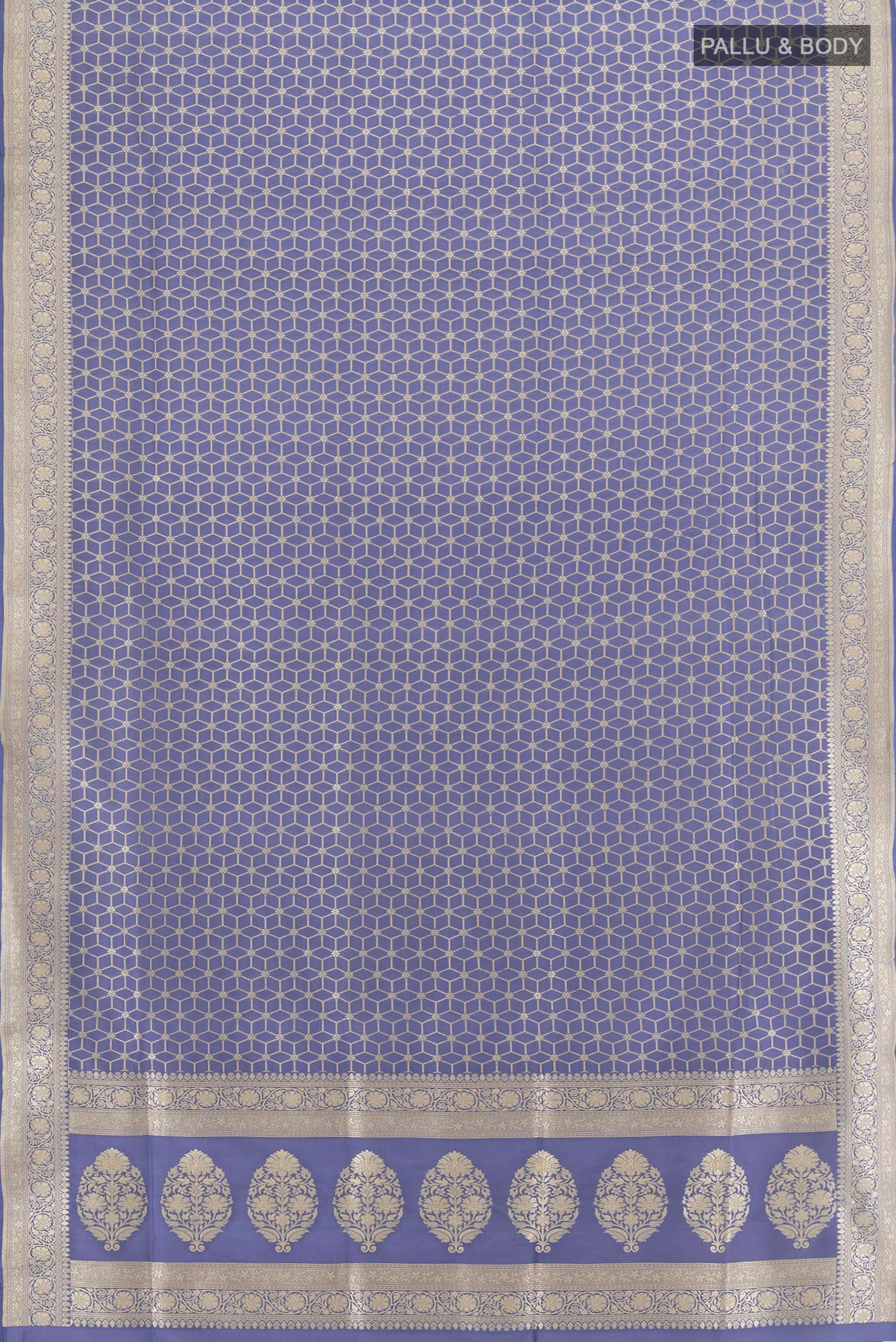 Flat view of Lilac Banarasi Silk Saree with Zari Butta on the body and Zari Border. 