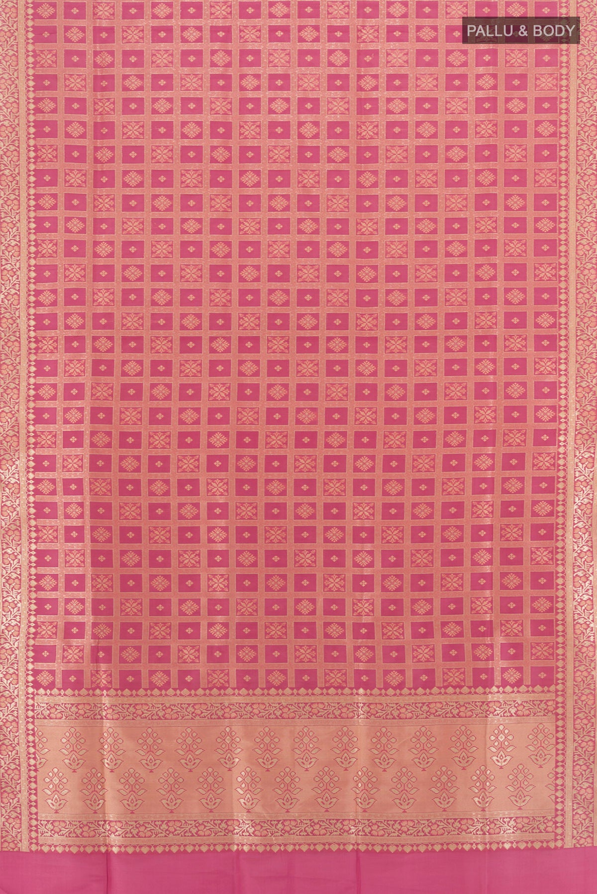 Flat view of Bronze Banarasi Silk Saree with Zari Butta on the body and Silk Border. 