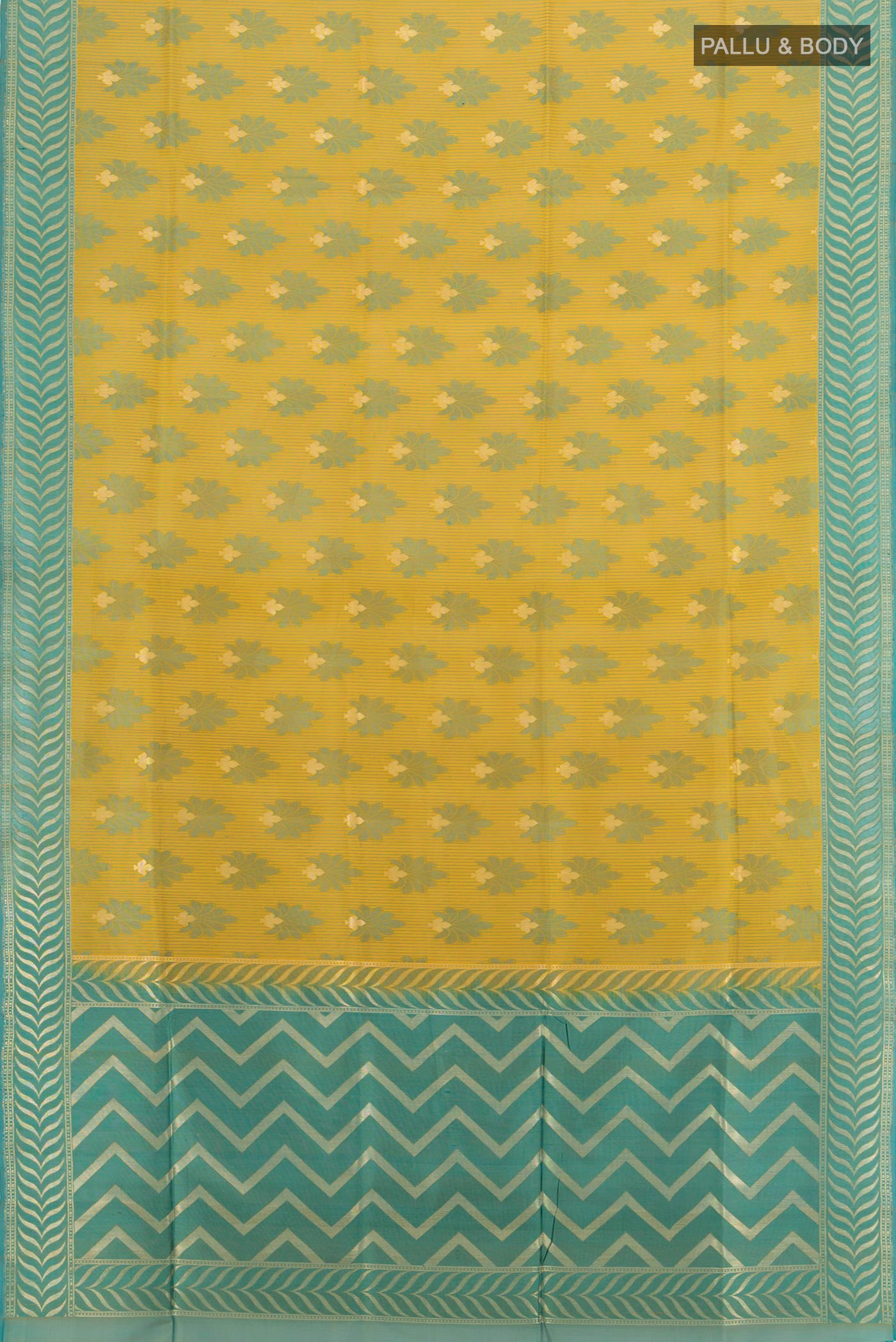 Flat view of Yellow Banarasi Silk Saree with Zari And Thread Butta on the body and Zari Border. 