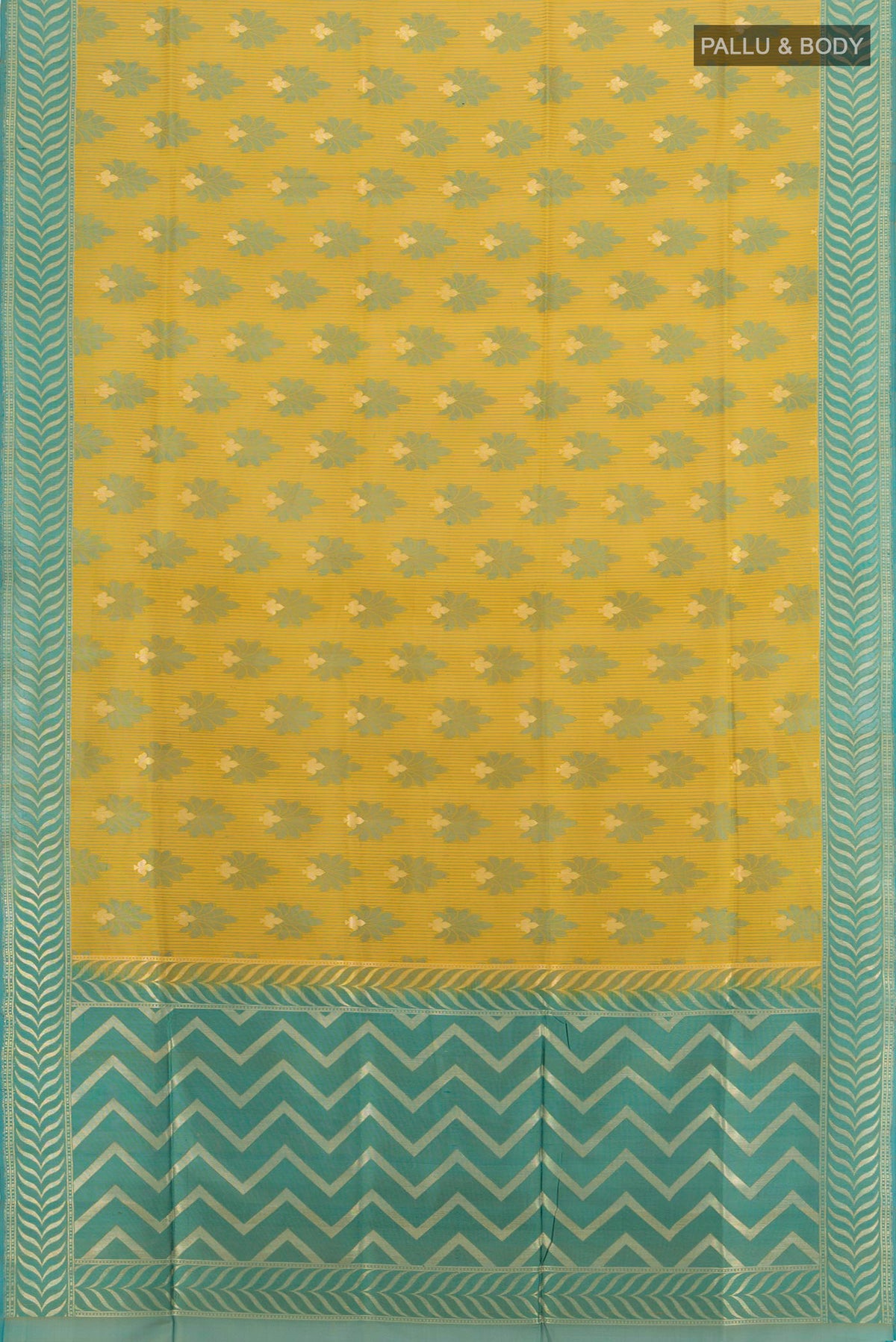 Flat view of Yellow Banarasi Silk Saree with Zari And Thread Butta on the body and Zari Border. 