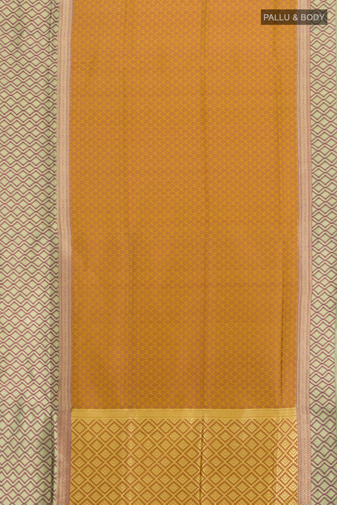 Flat view of Multi Color Banarasi Silk Saree with Zari Butta on the body and Silk Border. 