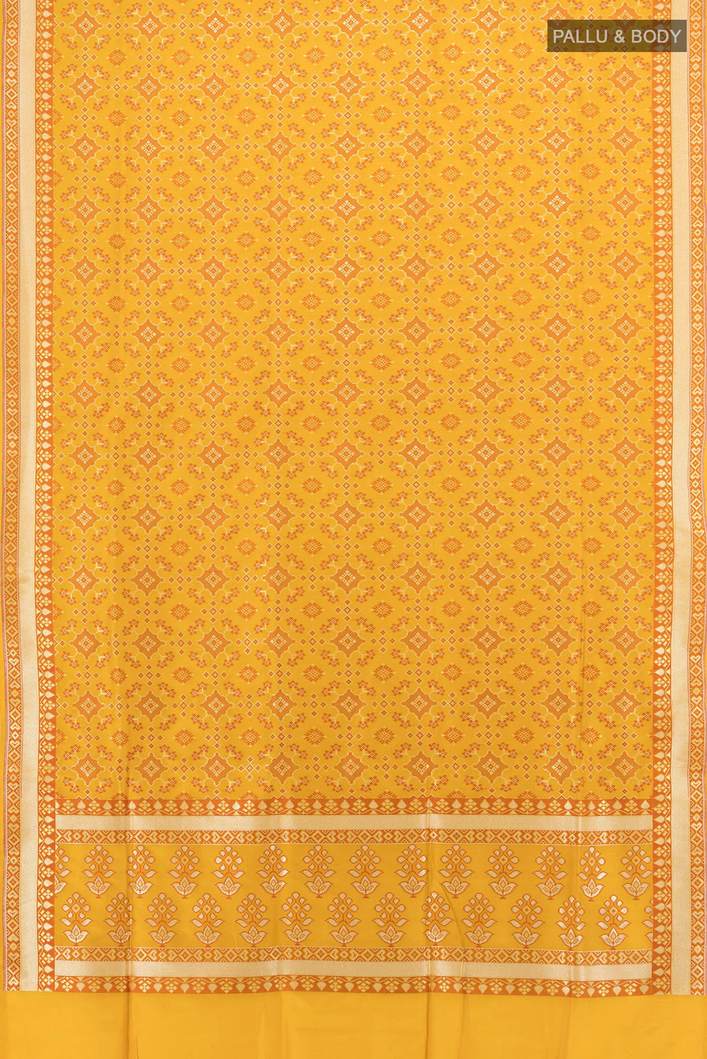 Flat view of Pure Silk Yellow Banarasi Saree with Zari And Thread Butta on the body and Zari Border. 
