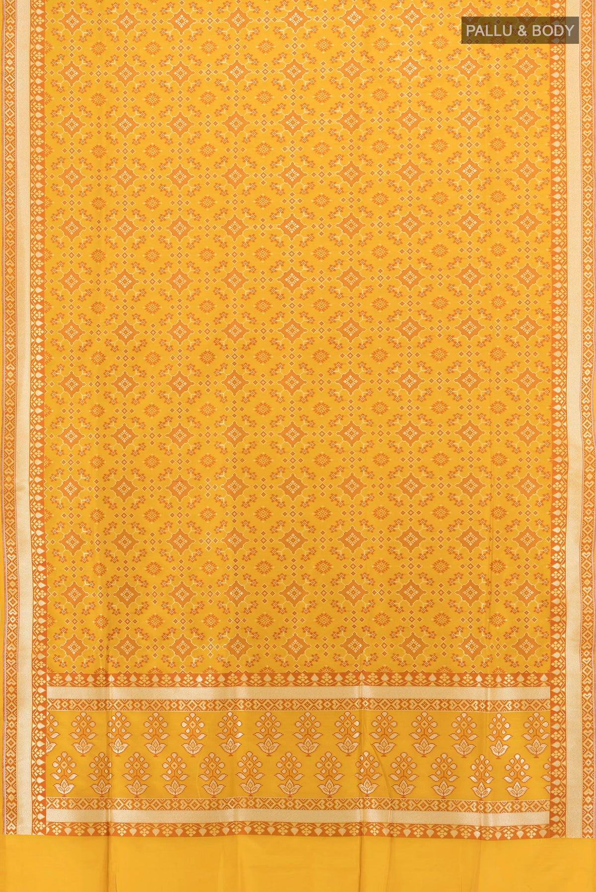 Flat view of Pure Silk Yellow Banarasi Saree with Zari And Thread Butta on the body and Zari Border. 