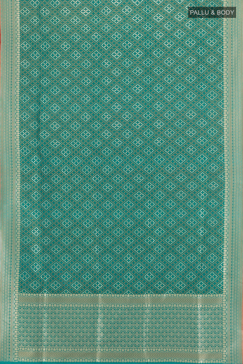 Flat view of Peacock Blue Banarasi Silk Saree with Zari And Thread Butta on the body and Zari Border. 